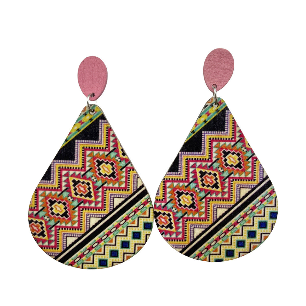 Wholesale Retro Bohemian Water Drop Wooden Print Earrings ACC-ES-FX011