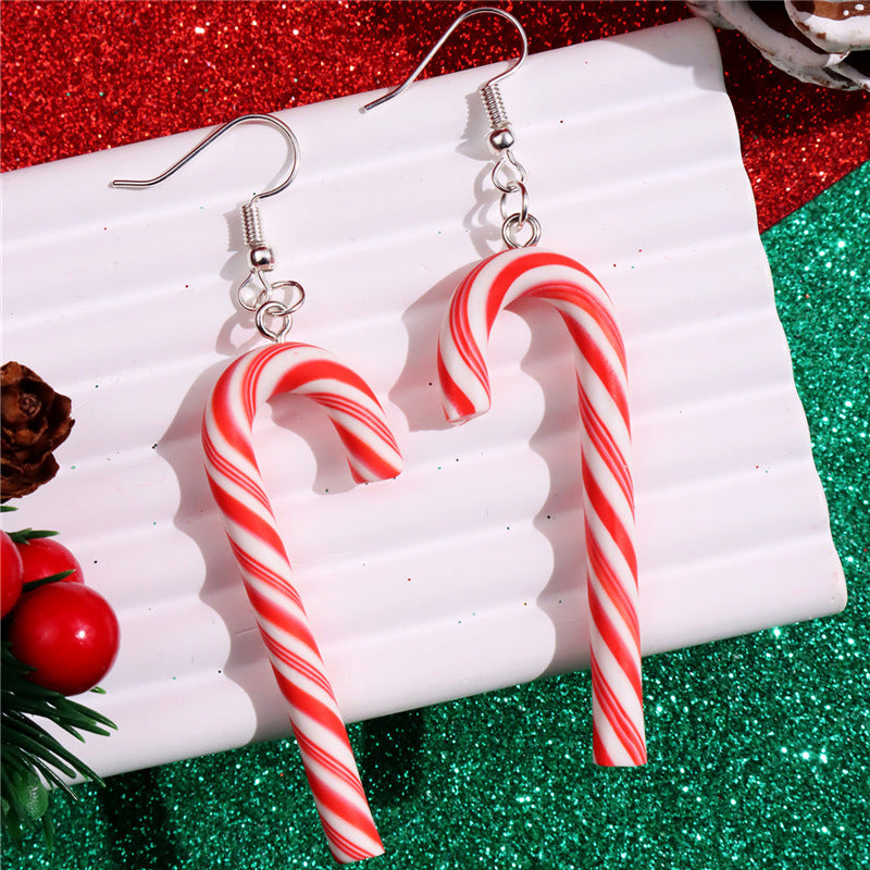 Wholesale  Soft Clay Large Candy Cane Christmas Colorful Rainbow Earrings