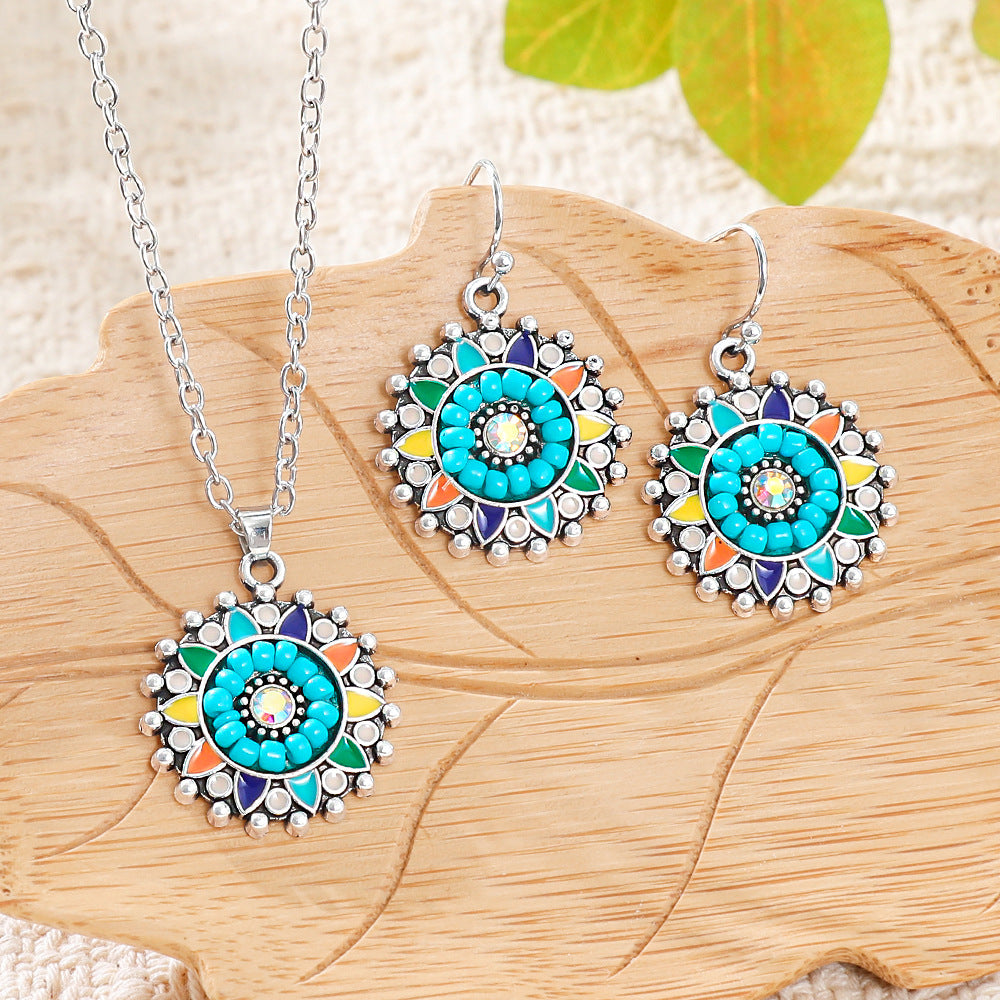 Wholesale Bohemian Retro Turquoise Necklace and Earrings Set - Ethnic Fashion Accessory Gift