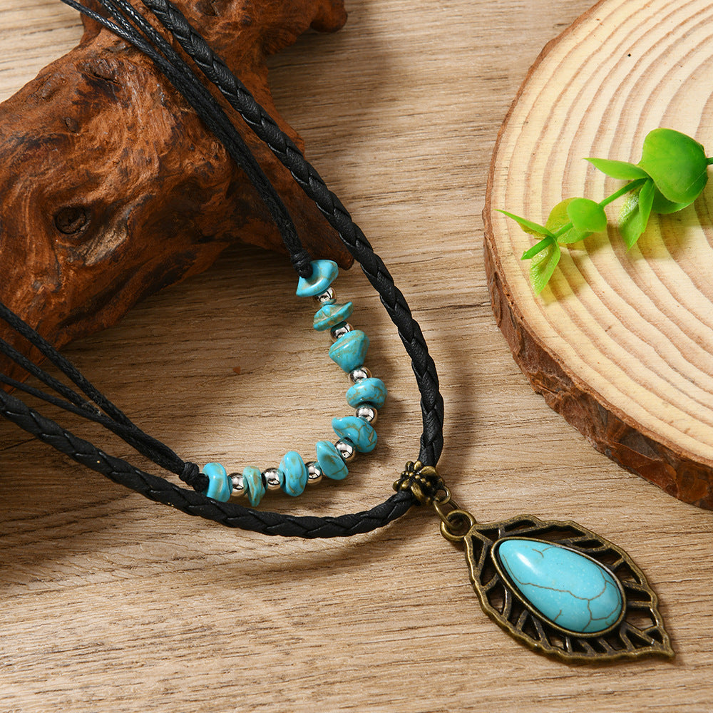 Wholesale Western-style openwork leaf turquoise necklace set 2 pieces