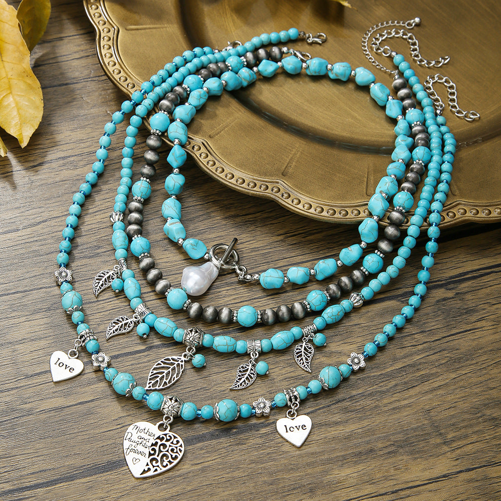 Wholesale Handmade Bohemian Turquoise Necklace with Butterfly Pearl Heart Pendant,  Fashion Jewelry Accessory