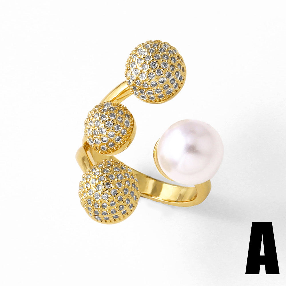 Wholesale pearl four-leaf clover open full zircon copper plated 18k gold ring