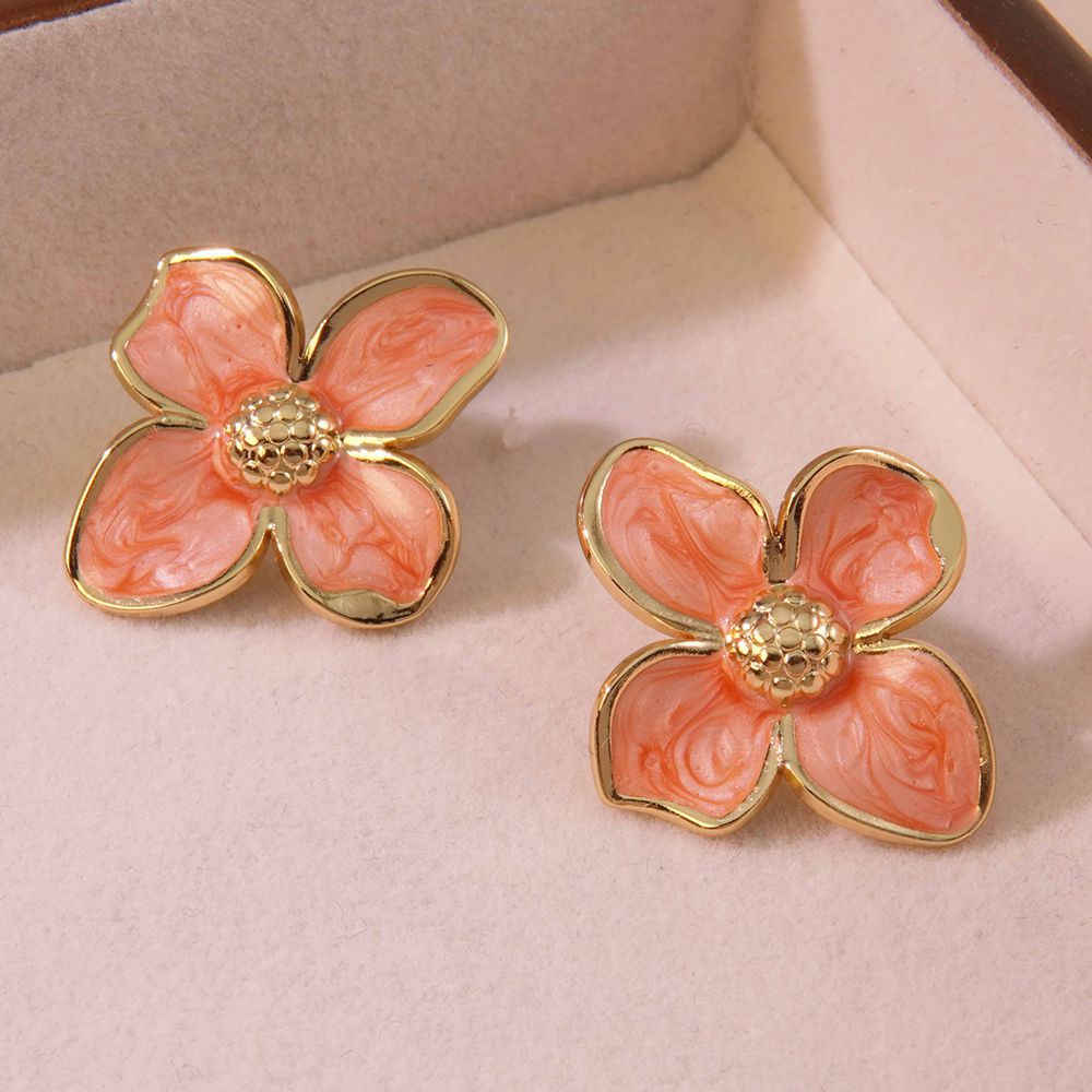 Wholesale  Retro Palace Flower Glaze Four-petal Flower Stainless Steel Earrings