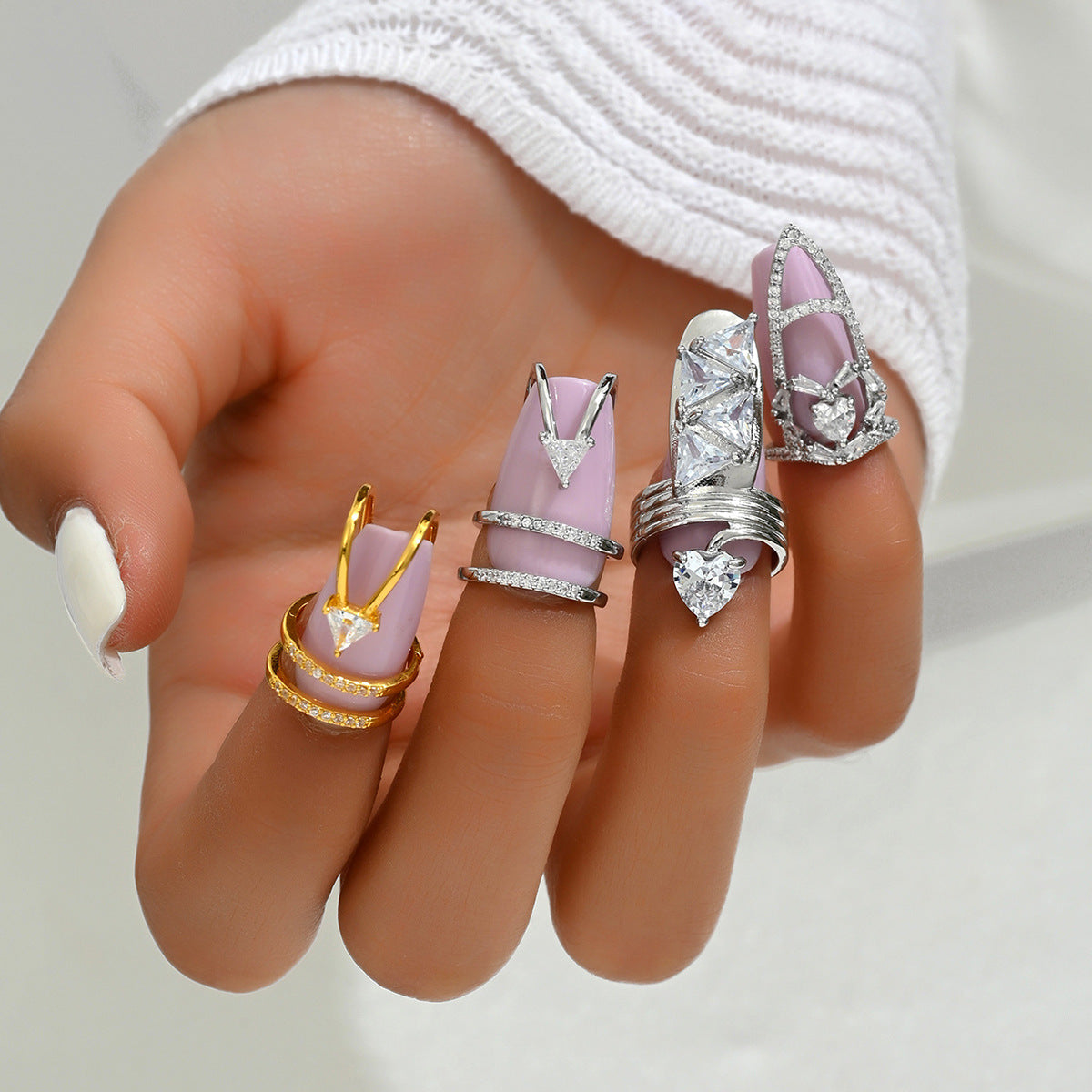 Wholesale Open Nail Ring Gorgeous Light Luxury Diamond Geometric Joint Ring