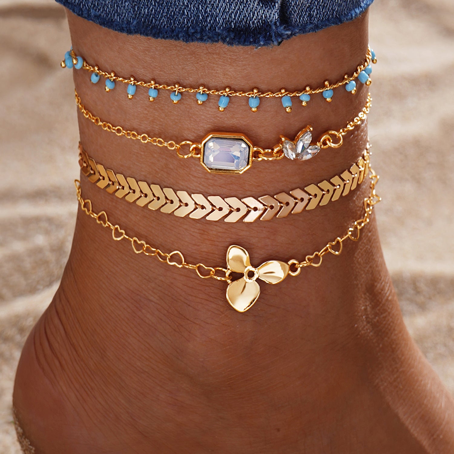 Wholesale Retro Beach Pineapple Pearl Layered Anklet Set For Women Fashion Jewelry Accessory Gift