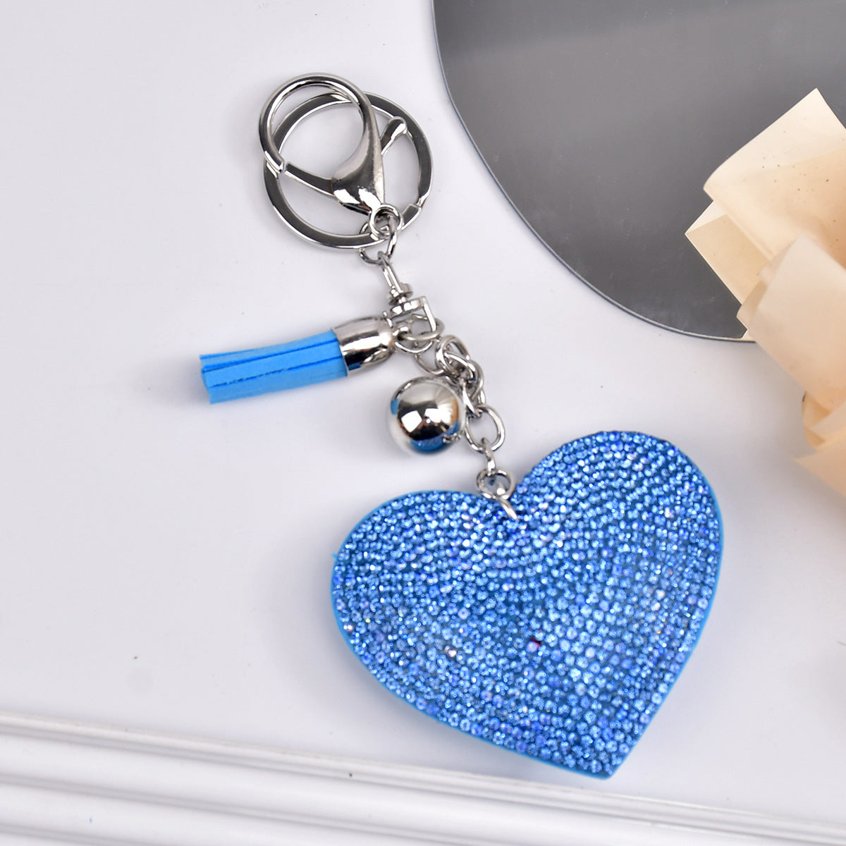 Wholesale  Peach Heart Rhinestone Leather Keychain