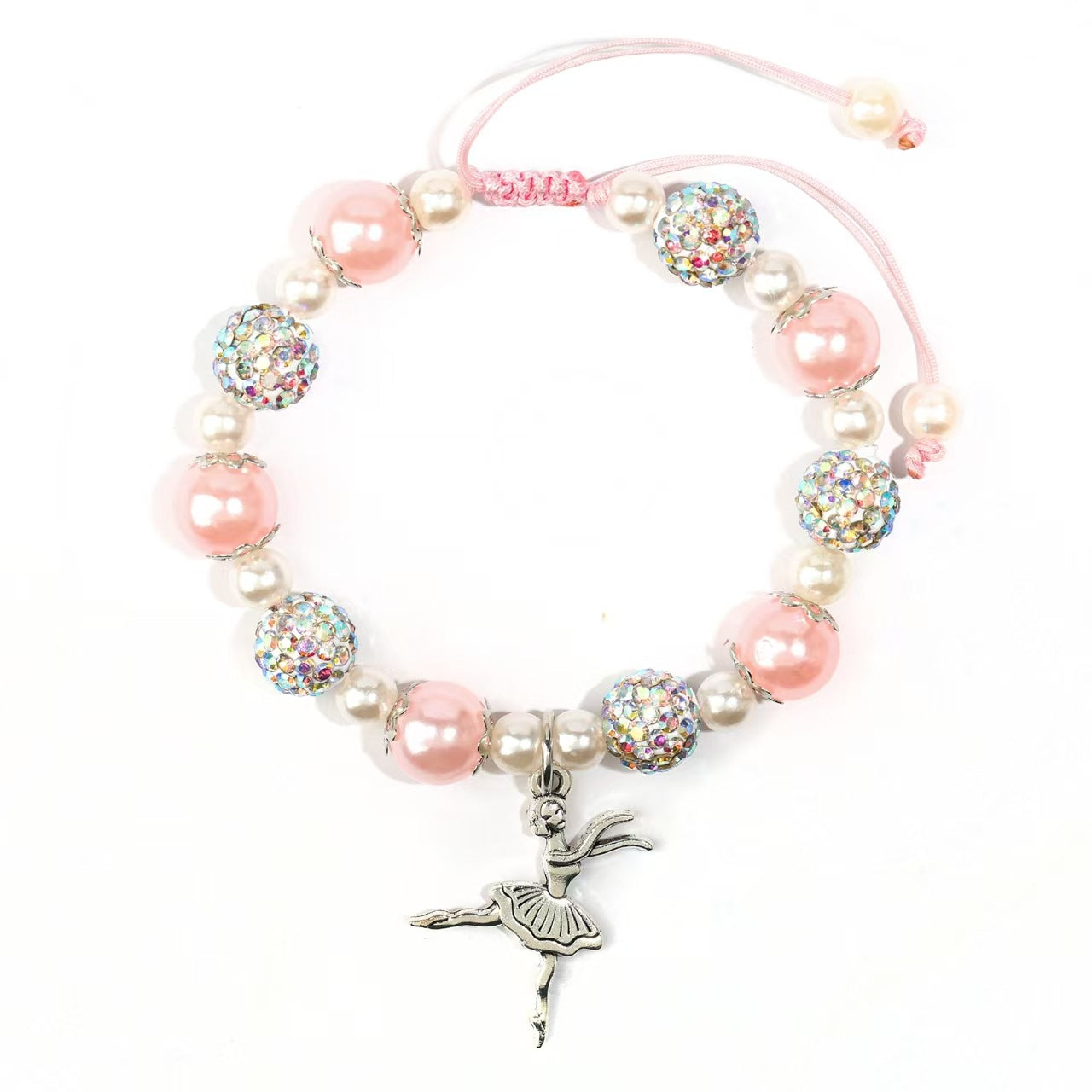 Wholesale Stainless Steel Pendant Pink Beads Diamond Ball Woven Bracelet