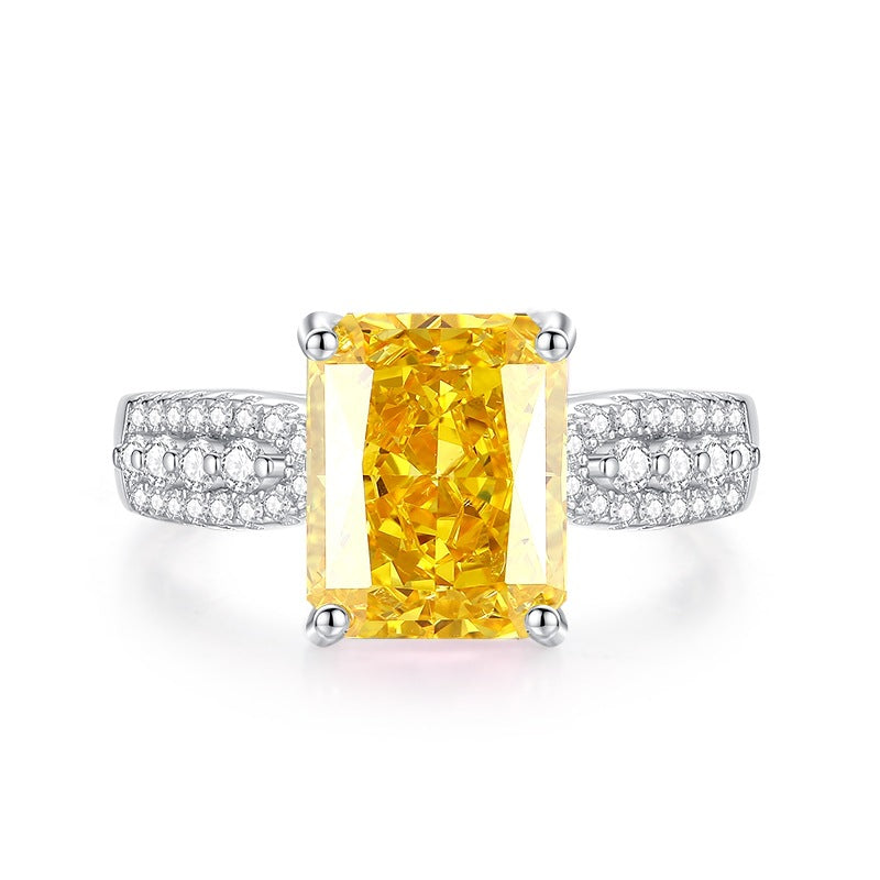 Wholesale S925 sterling silver light luxury  four-claw yellow diamond square ring