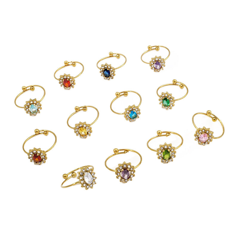 Wholesale Adjustable Flower Design Stainless Steel Open Ring with Colored Gemstones Fashion Jewelry Accessory