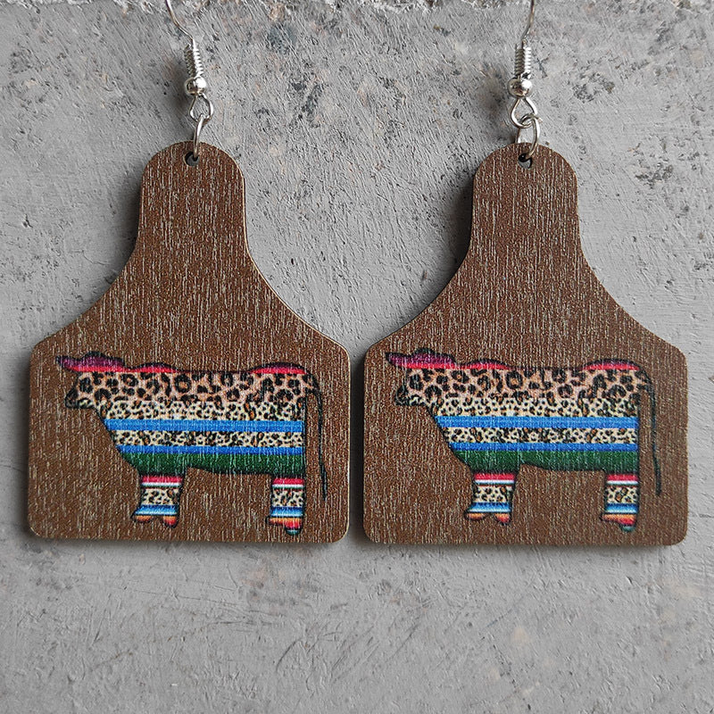 Wholesale 3 Pairs/pack Western Style Aztec Cow Wooden Earrings Cow print ACC-ES-HY007