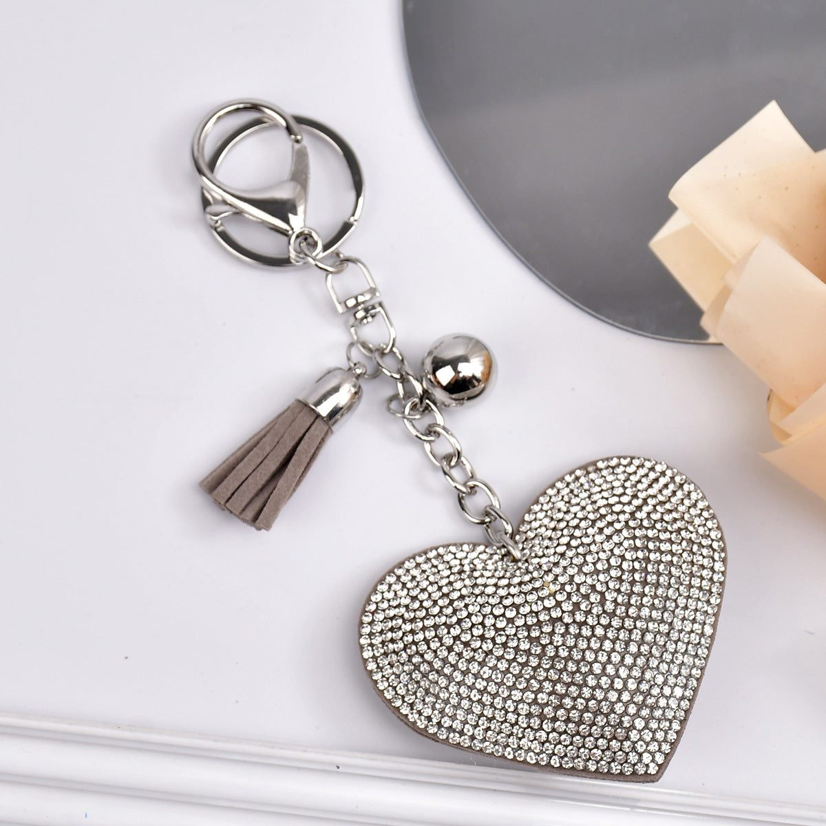 Wholesale  Peach Heart Rhinestone Leather Keychain