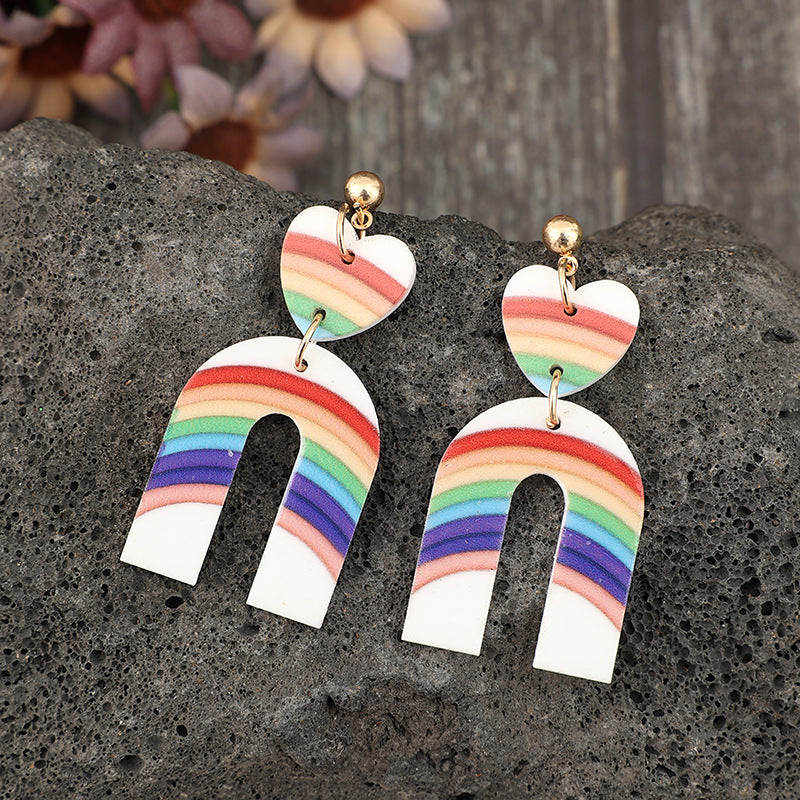 Wholesale Moon Earrings U-Shaped Rainbow Pattern Stitching Heart Acrylic Earrings