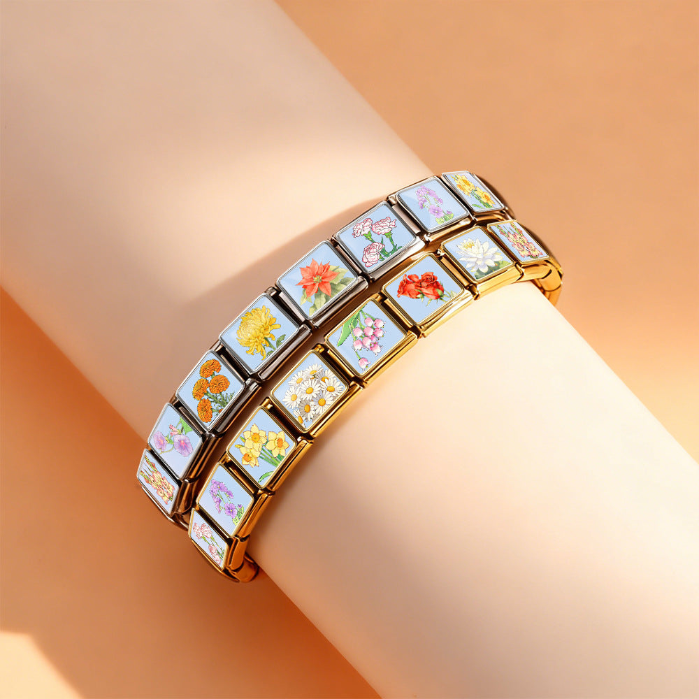 Wholesale Stainless Steel Birthflower Modular Bracelet Trendy Jewelry Gift for Everyday Wear