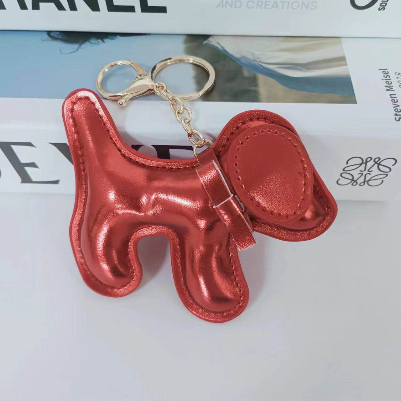 Wholesale Cute Bow Metallic Red Leather Puppy Keychain Bag Charm Boutique Resale