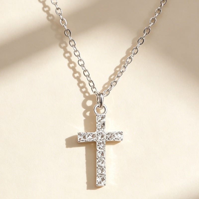 Wholesale Punk Style Cross-Border European and American Diamond-Encrusted Cross Sweater Necklace for Women,  Light Luxury Sweatshirt Chain,  Simple and Versatile Clavicle Chain