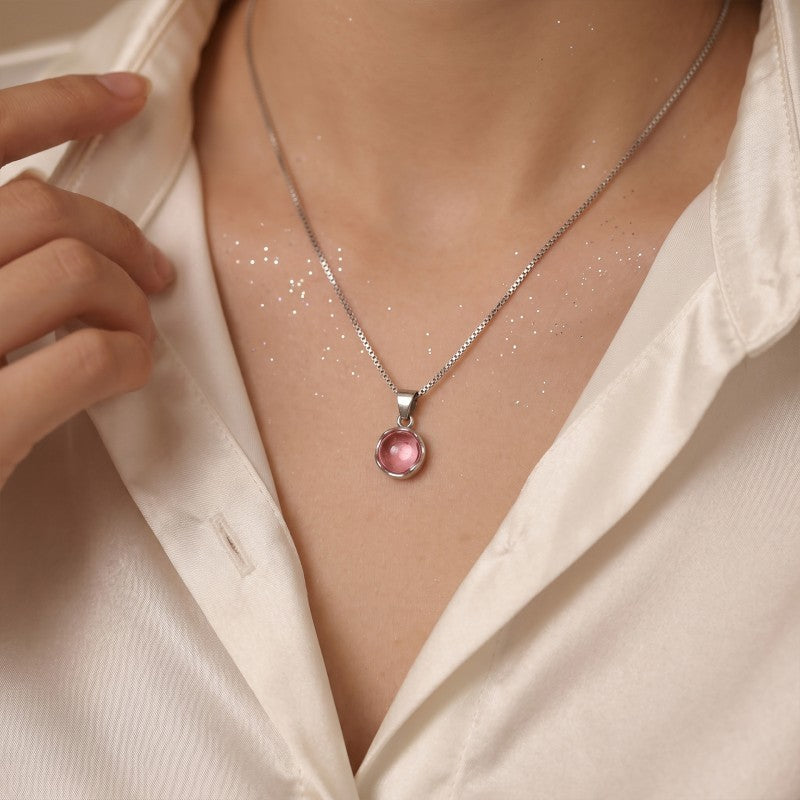 Wholesale Electroplated Alloy Snake Chain Necklace Geometric Pink Glass Pendant Light Luxury Style Women S Fashion Accessory
