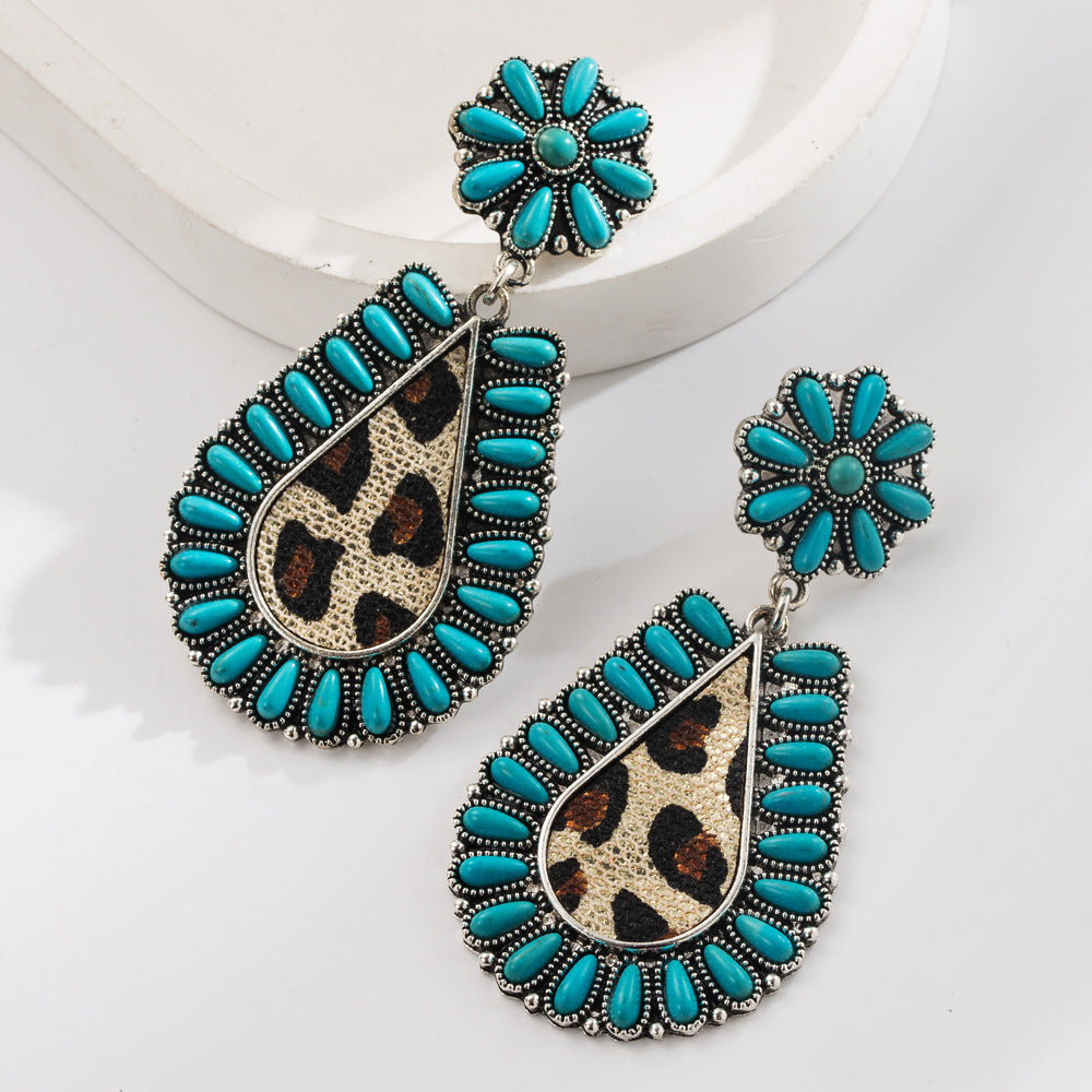 Wholesale Turquoise Leather Western Ethnic Earrings Vintage Court Style Boutique Resale