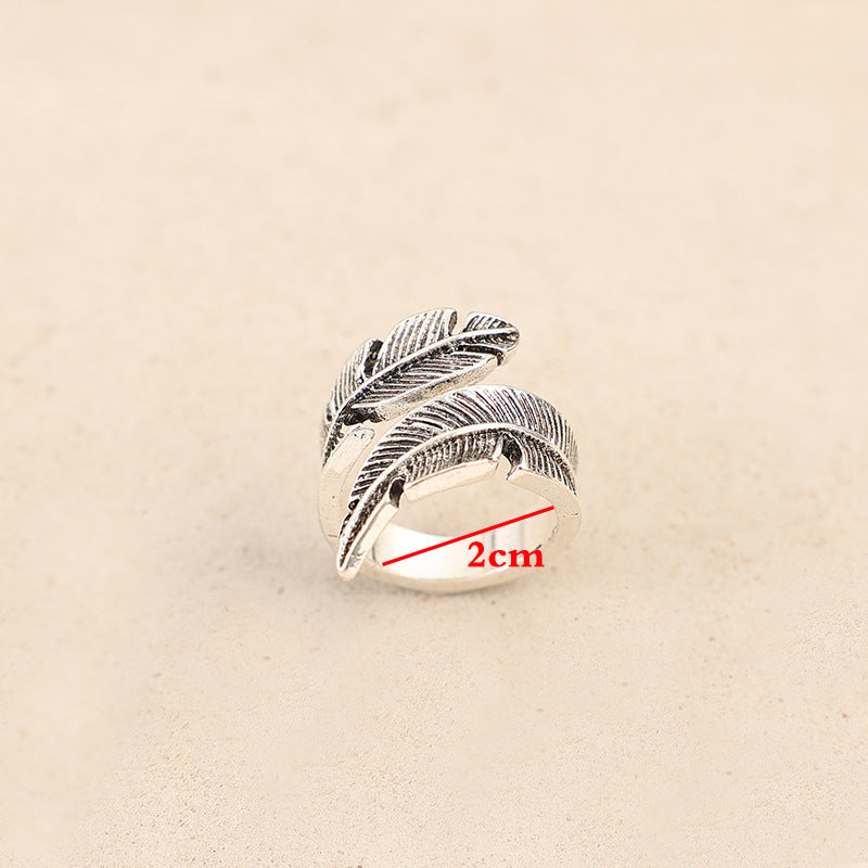 Wholesale Bohemian retro style feather shape open alloy ring