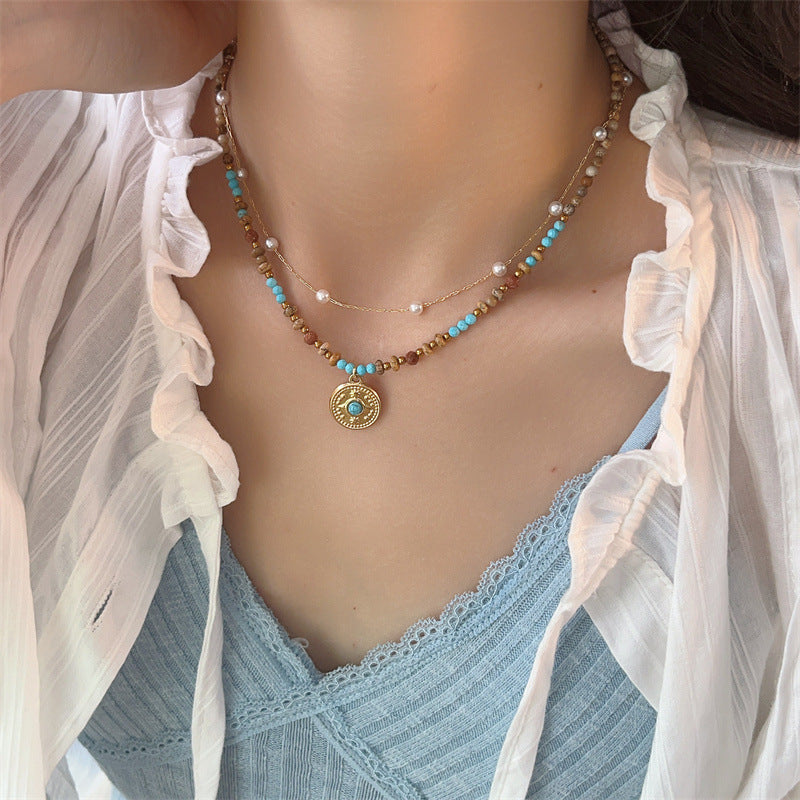 Wholesale Natural Stone Turquoise Beaded Pendant Necklace Stylish Clavicle Chain Jewelry Accessory