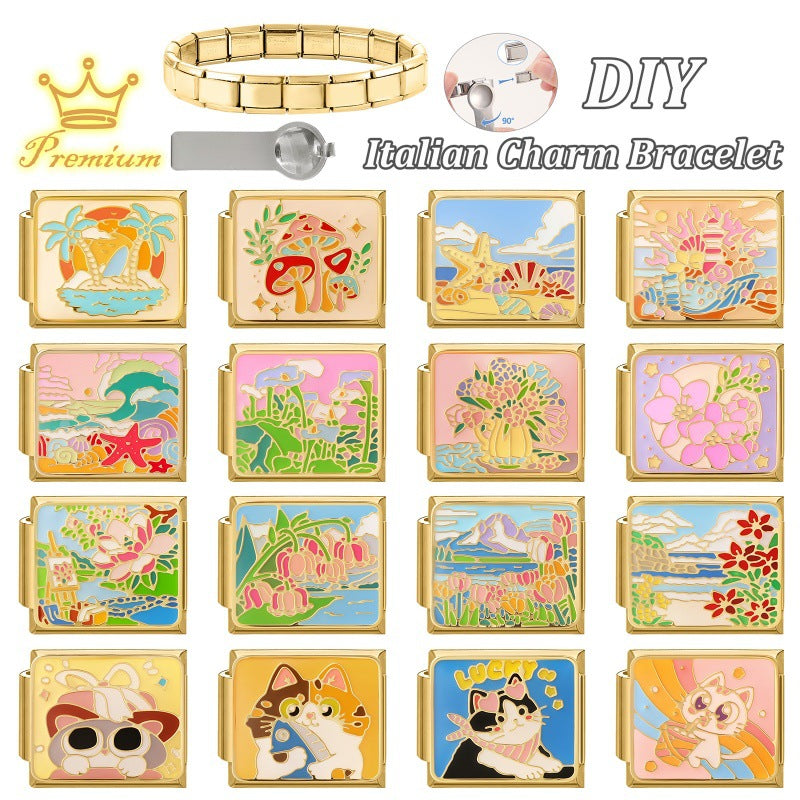 Wholesale Cute Cat Landscape DIY Modular Charm Bracelet Stainless Steel Gold Base Jewelry Accessory