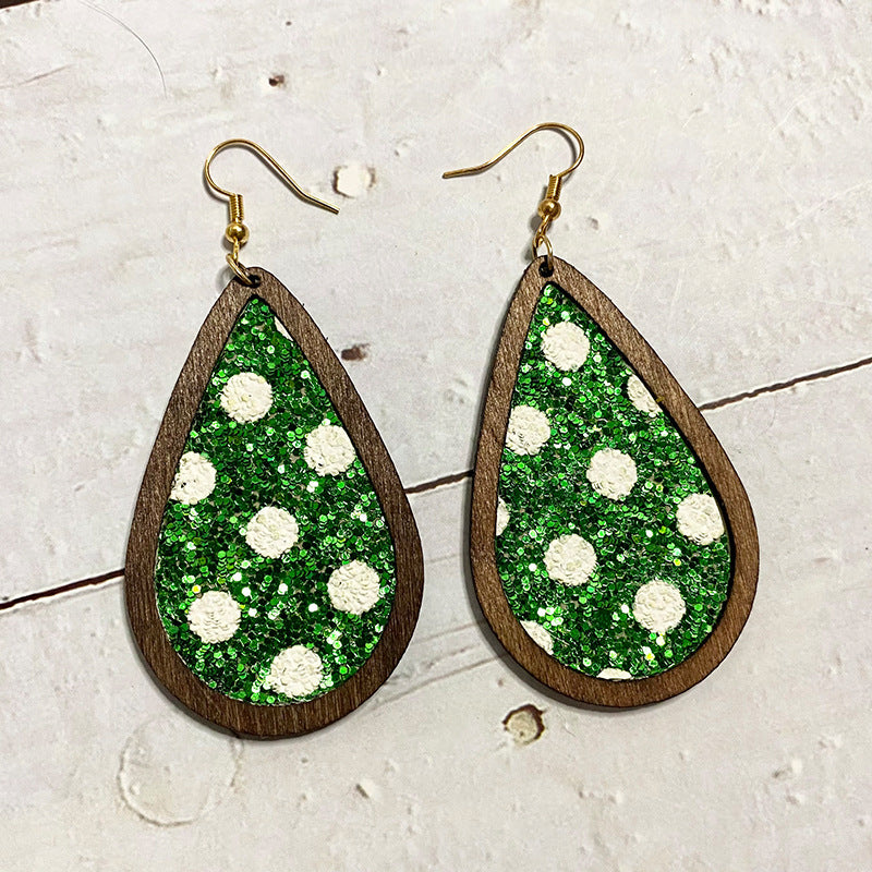 Wholesale Christmas Glitter Polka Dot Wood Inlay Leather Earrings ACC-ES-XinChuan066