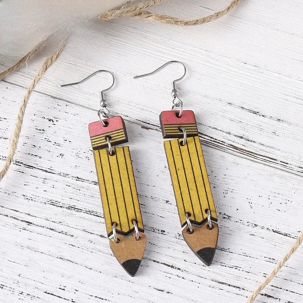 Wholesale  Teaching and Learning Rainbow Pencil Double-sided Wooden Earrings