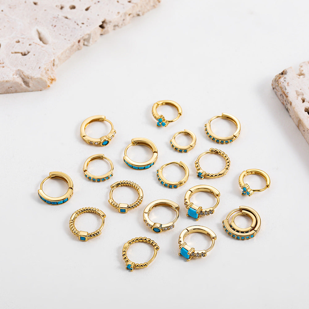 Wholesale Stainless Steel Golden Ear Buckle Set with Turquoise Small Design Earrings