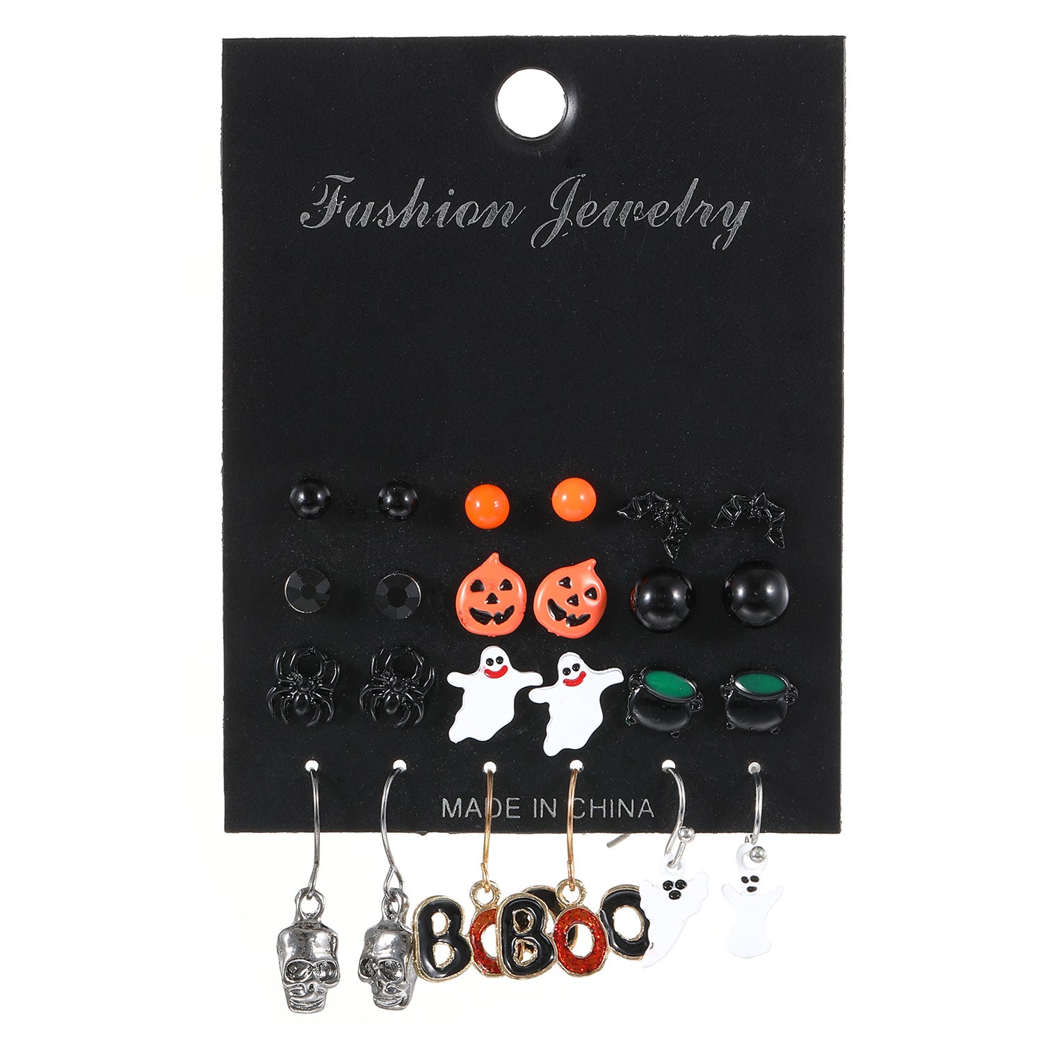 Wholesale Alloy  Earrings 12-Pair Card Pack Crow Witch Pumpkin Skull Design Fashion Accessory