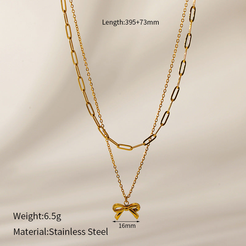 Wholesale Titanium Steel 18k Golden Bow Chain Double Butterfly Pendant Necklace