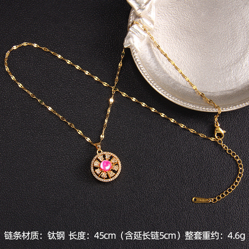 Wholesale Zircon Rotating Four Leaf Clover Flower Pendant Titanium Steel Necklace ACC-NE-Rongc006