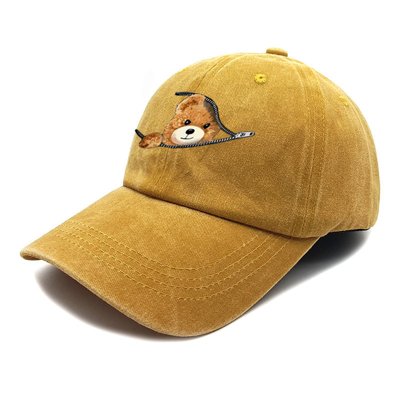 Wholesale Zipper Bear Print Cotton Vintage Washed Baseball Cap Hat