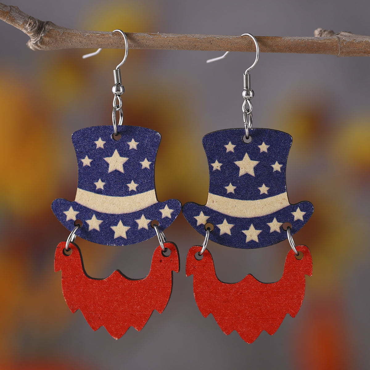 Wholesale of American Independence Day Red, White, Blue Flag, Love Star Hat, Beard, Wooden Double Sided Earrings ACC-ES-ChuLian004