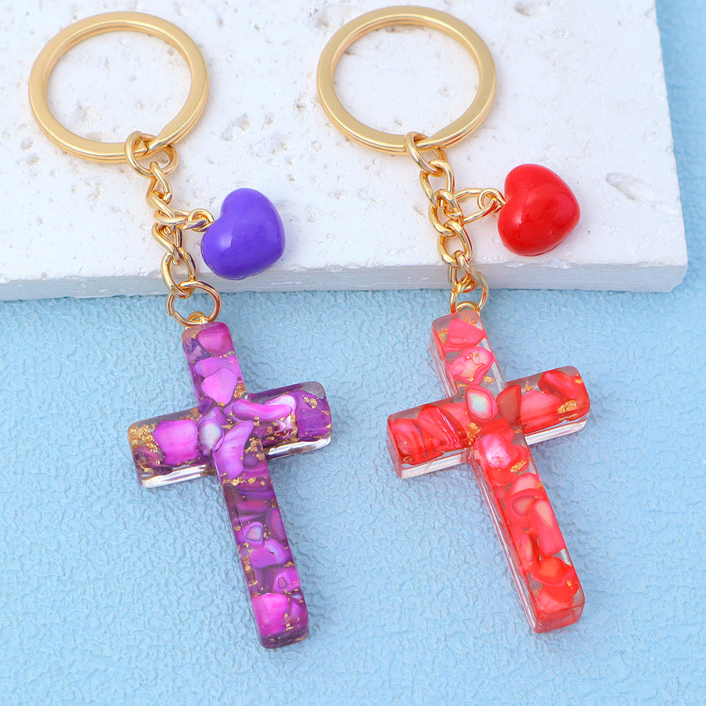 Wholesale Trendy Resin Cross Keychain with Glitter Filled Pendant,  Fashion Accessory for Girls