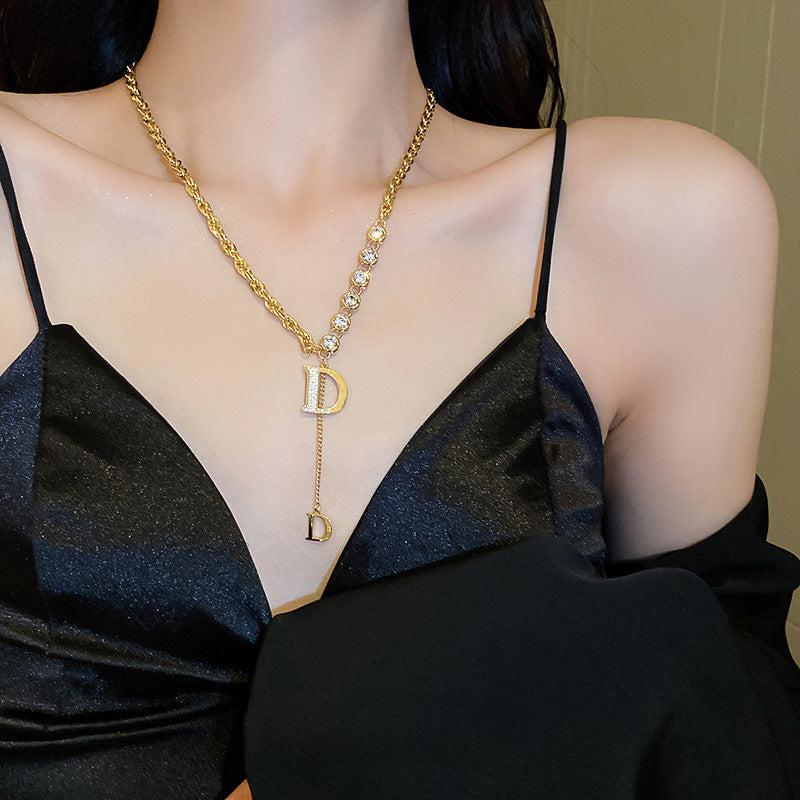 Wholesale  geometric zircon Pearl T-shaped buckle necklace