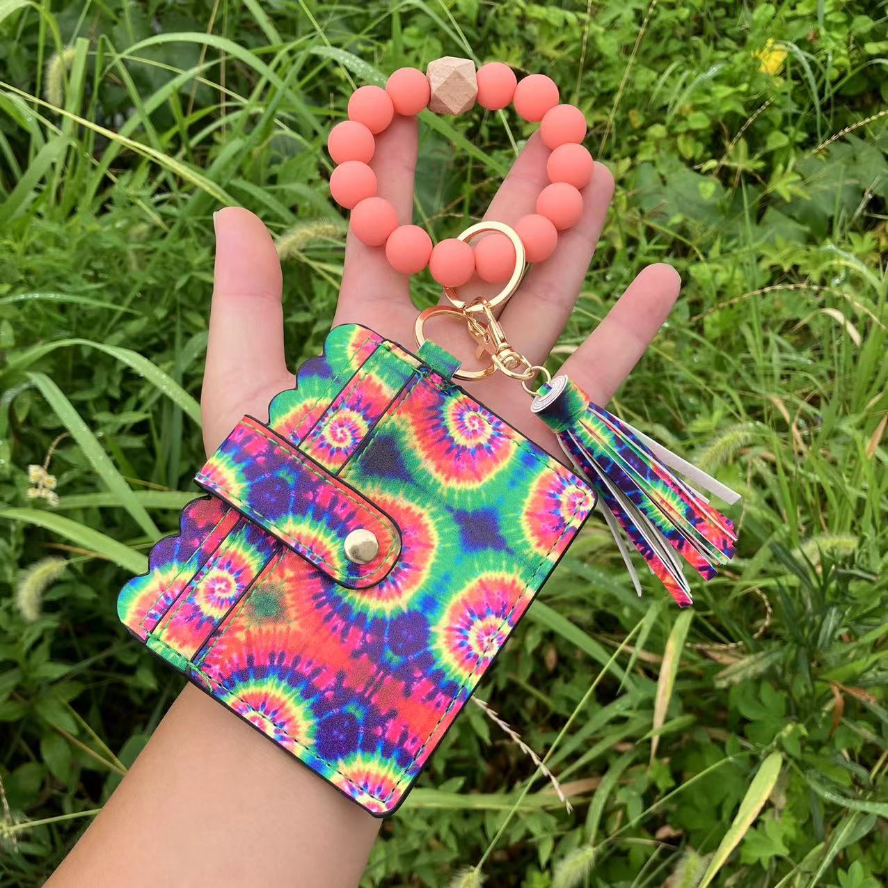 Wholesale Leopard Plaid Butterfly Card Holder Silicone Beaded Wristlet Keychain ACC-KC-QiuXue012