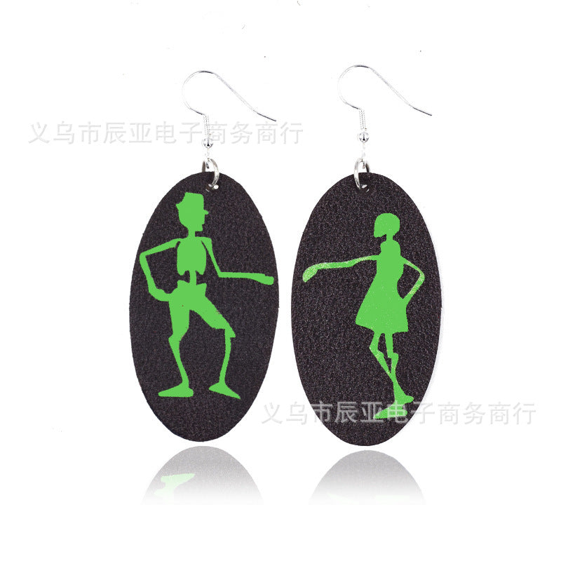 Wholesale Halloween Pumpkin Skull Fluorescent Green Luminous Leather Earrings ACC-ES-ChenY039