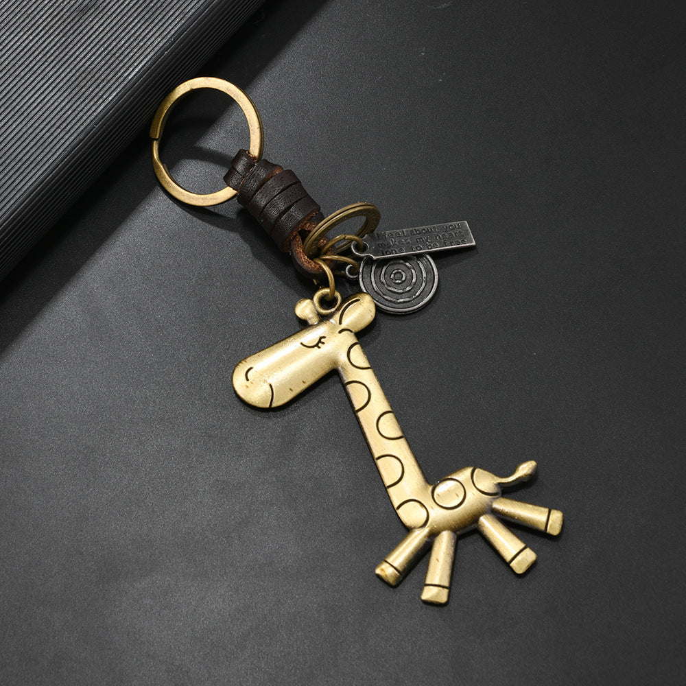 Wholesale  alloy cute giraffe vintage woven leather keychain