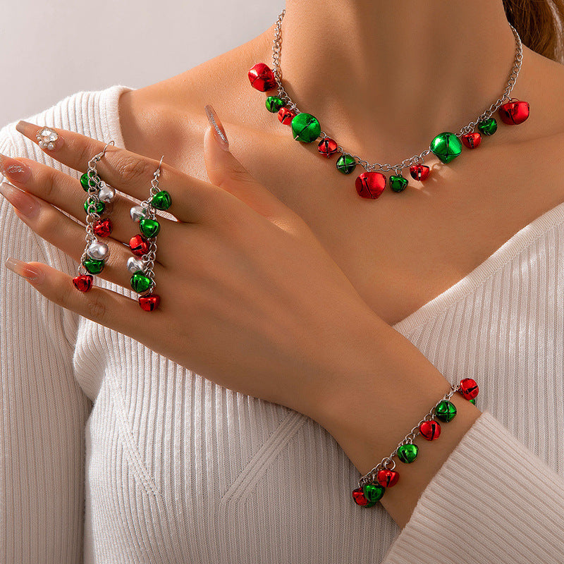 Wholesale Christmas  Cute Red and Green Bells Beaded Three-piece  Earrings Necklace Bracelet Jewelry