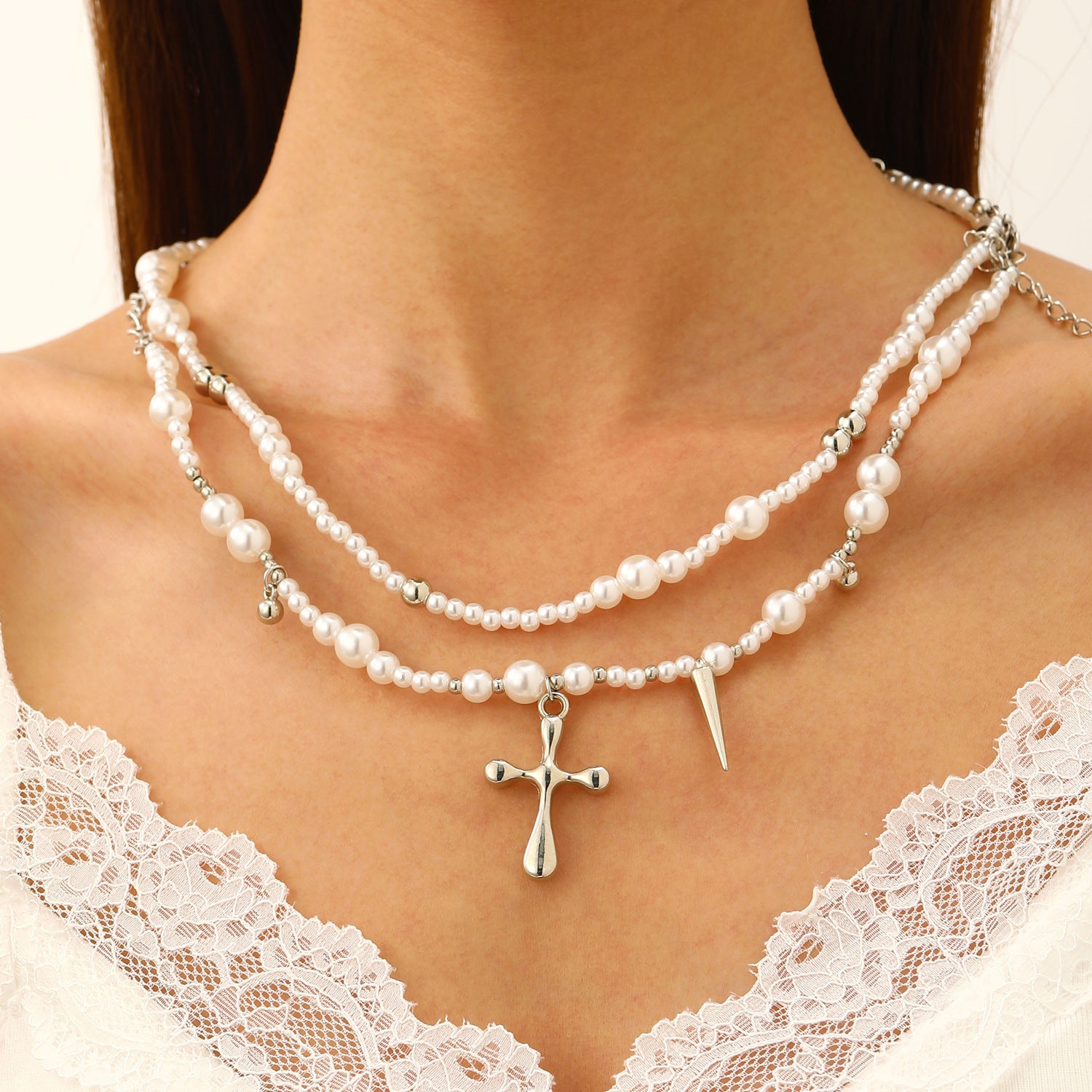 Wholesale Fashion Layered Imitation Pearl Cross Heart Butterfly Necklace Alloy Jewelry for Women