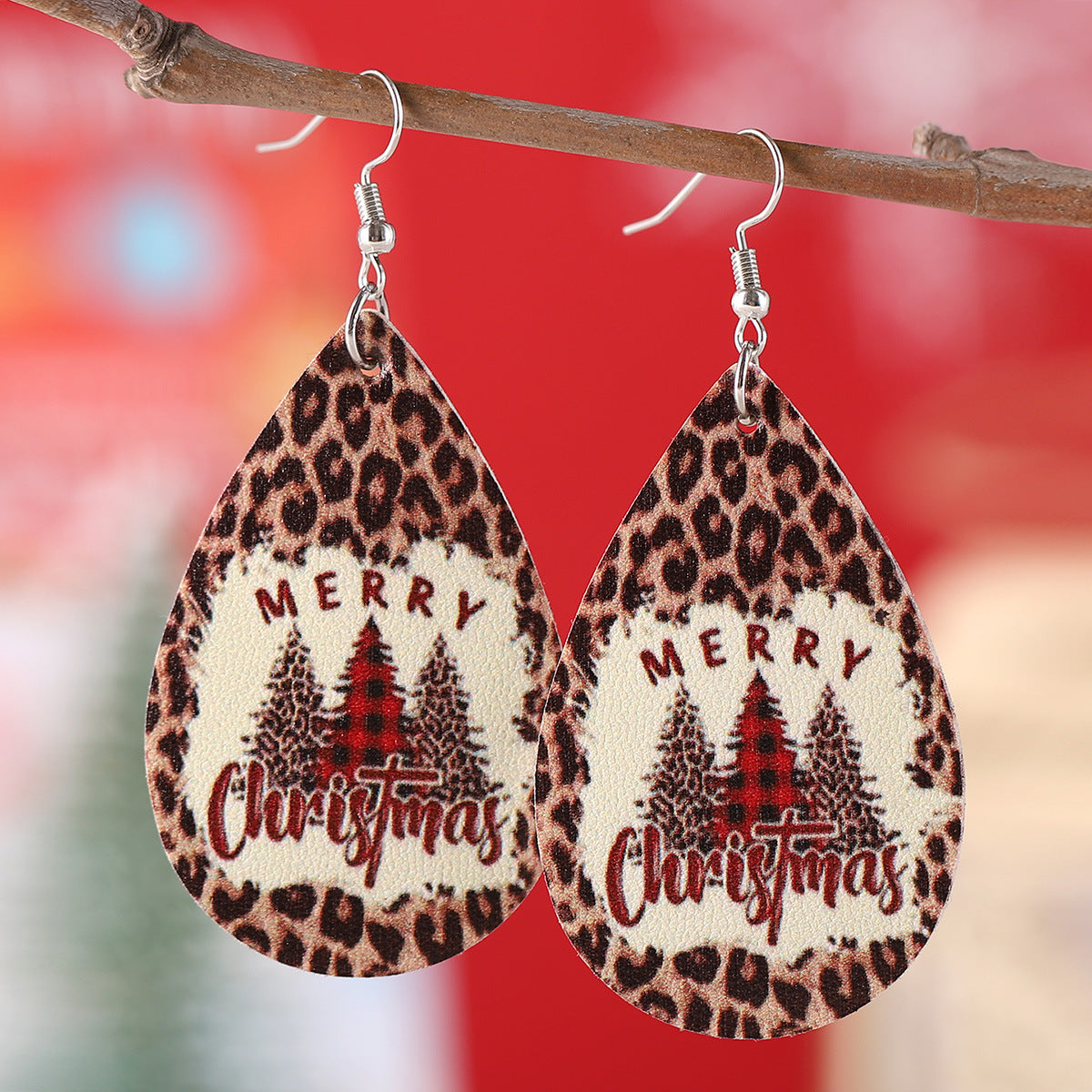 Wholesale Christmas Leopard Cow Plaid Christmas Tree Water Drop PU Leather Earrings ACC-ES-ChuLian068