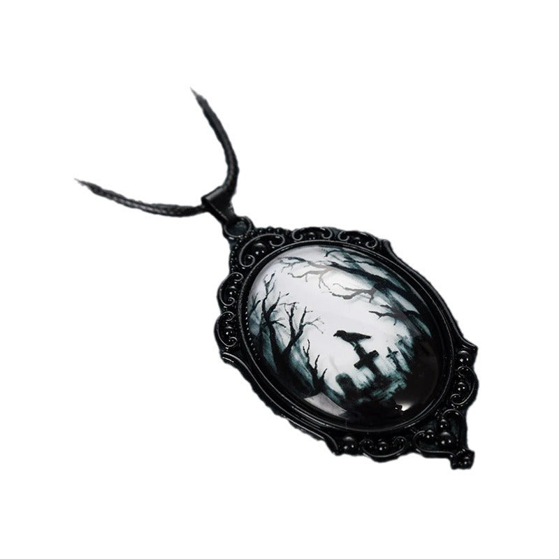 Wholesale Goth Theme Raven Cross Glass Pendant Necklaces ACC-NE-MLR009