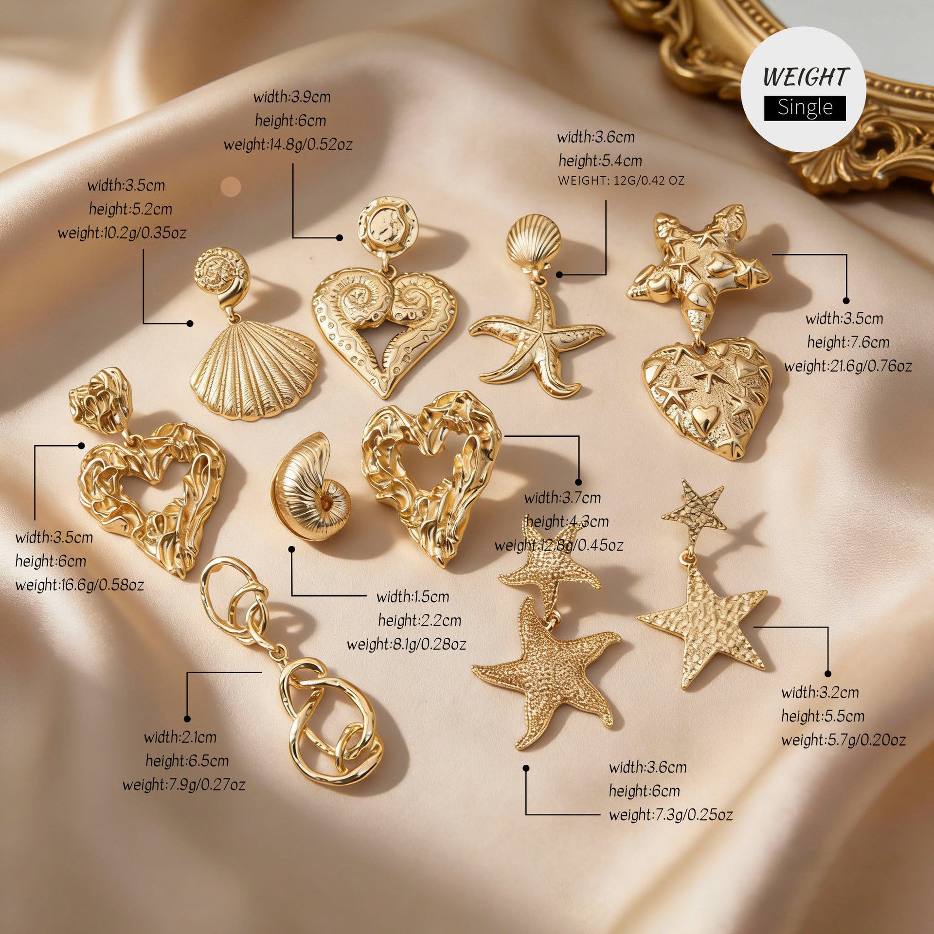 Wholesale Ocean-Inspired Textured Gold Conch and Starfish Stud Earrings