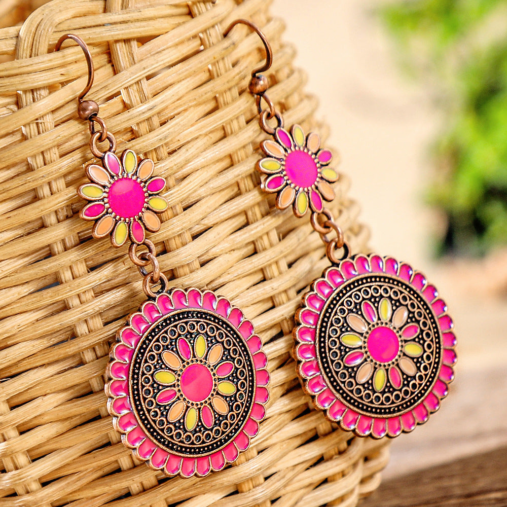 Wholesale Retro Sunflower Oil Drip Earrings - Zinc Alloy Jewelry Accessory for Party