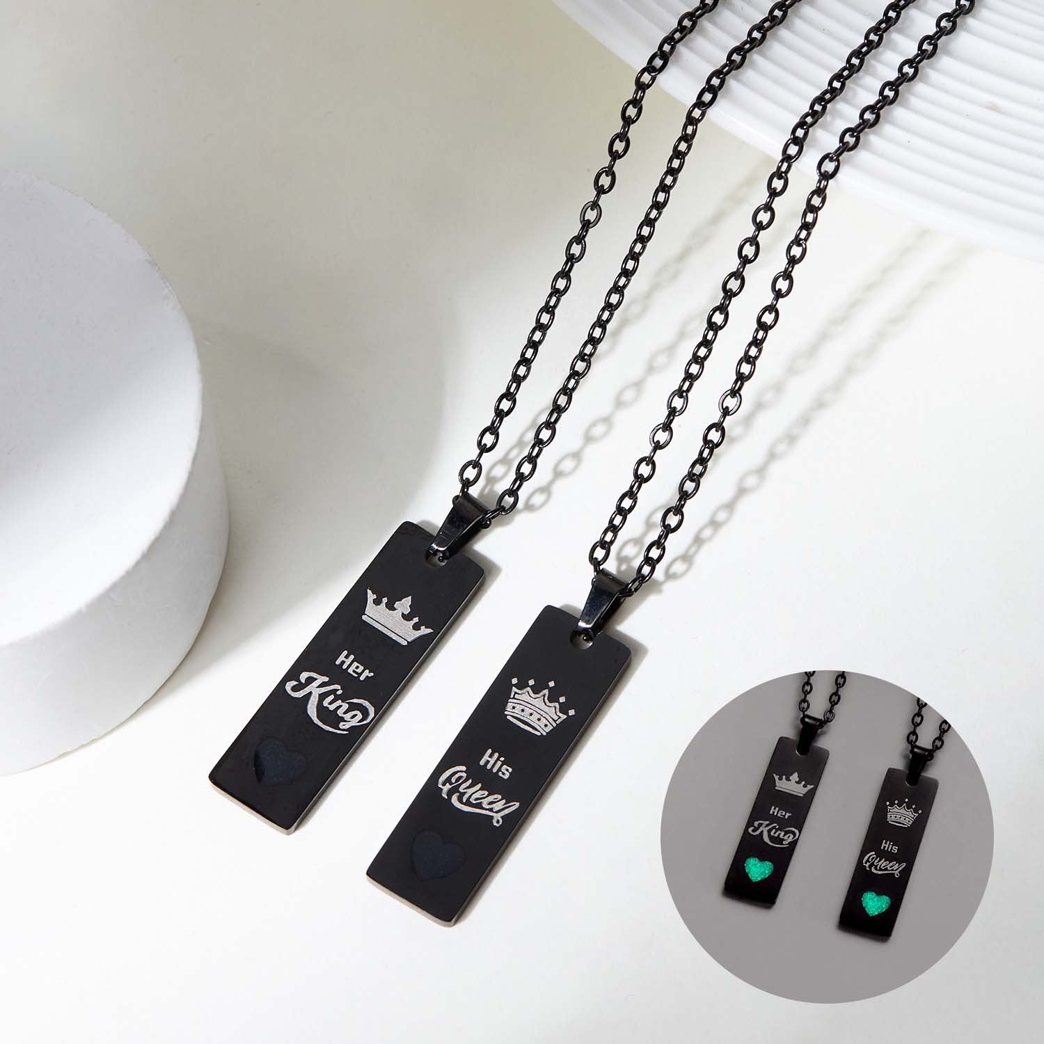 Wholesale  Couple Stainless Steel King and Queen Luminous  Letter Necklace