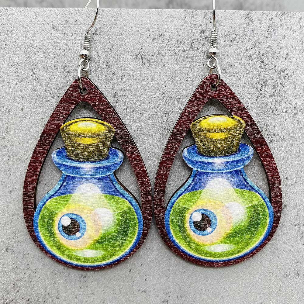 Wholesale  Halloween earrings horror ghost witch medicine jar printed wooden earrings