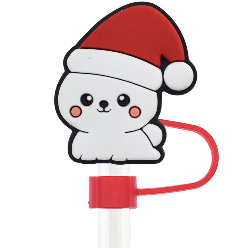 Wholesale Random 100pcs Christmas Cartoon Puppy 10mm PVC Soft Straw Tube Cap ACC-SCR-RYY094