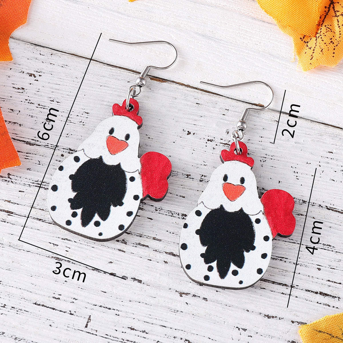 Wholesale Western Style Thanksgiving Day Farm Hen Pendant Wood Earrings ACC-ES-ChuLian028