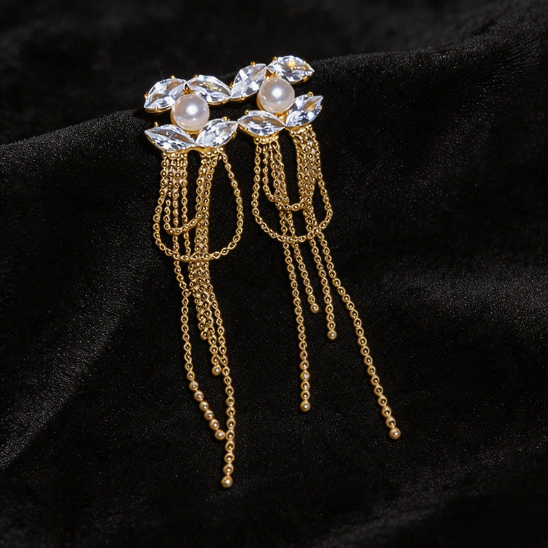 Wholesale Silver Needle Zircon Pearl Leaf Tassel Earrings for Party Wear Jewelry Accessory