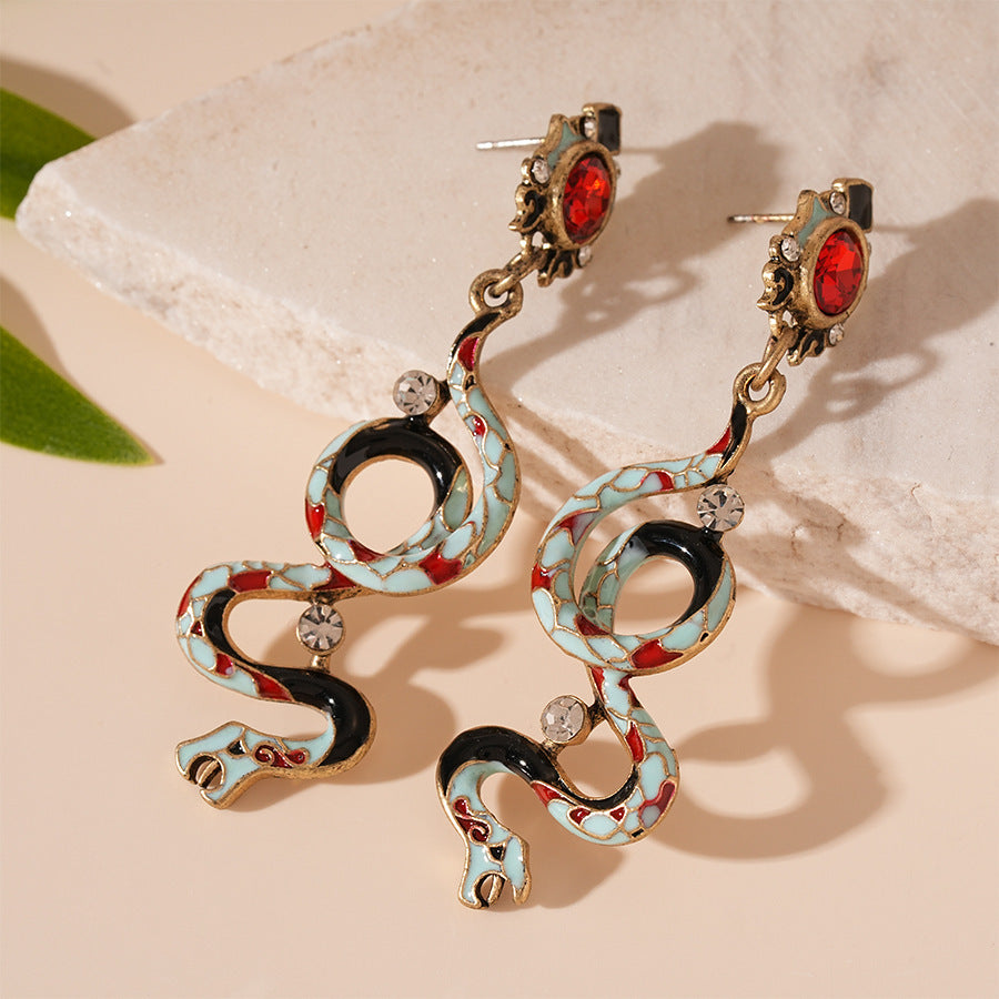Wholesale Personality Exaggerated Oil Drop Diamond Small Snake Silver Earrings