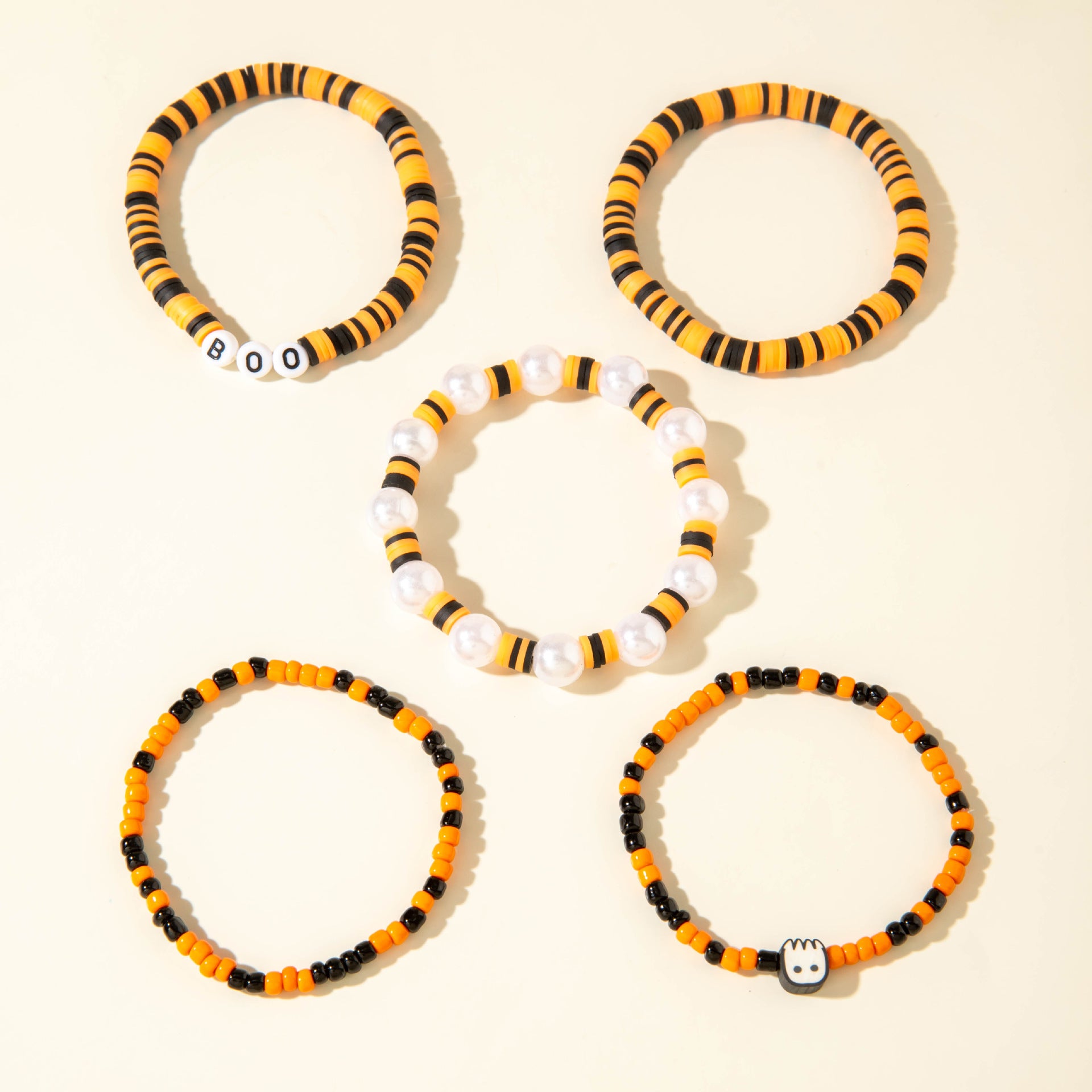 Wholesale  Cartoon Funny Ghost Pumpkin Color Elastic Bead Bracelet Set